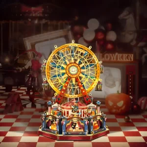 A Rofuntime Century Ferris Wheel 3D wooden puzzle with a room decorated for Halloween in the background.