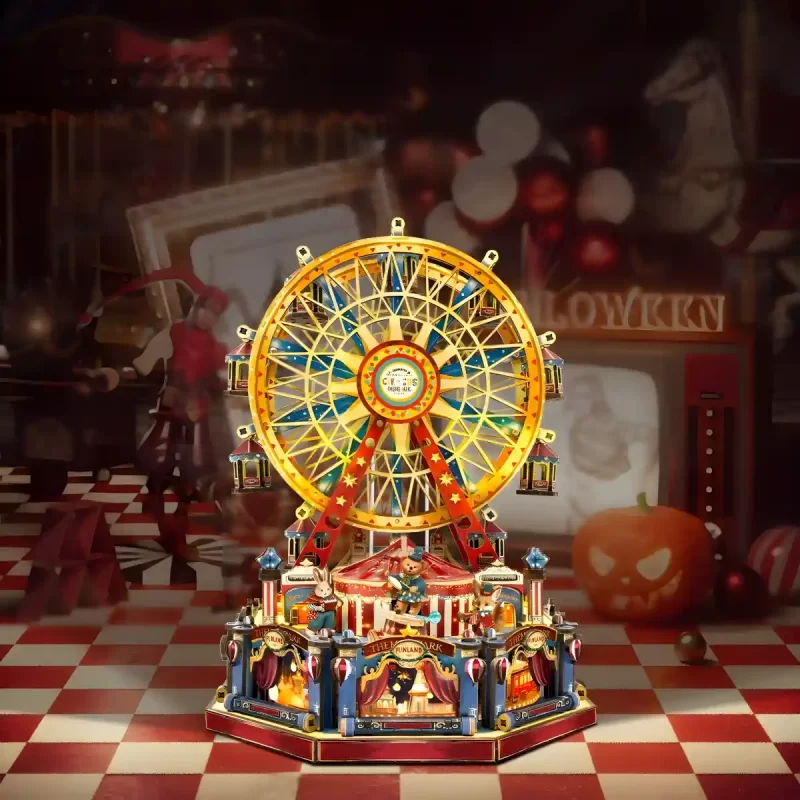 A Rofuntime Century Ferris Wheel 3D wooden puzzle with a room decorated for Halloween in the background.