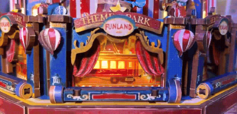 A detailed view of the base of the Century Ferris Wheel 3D wooden puzzle, showing the "THE FUNLAND PARK" sign, curtains, and lighting.