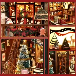 Collage of close-up details of the Christmas Shop DIY Book Nook Kit, showing miniature trees, gifts, and a snowman.