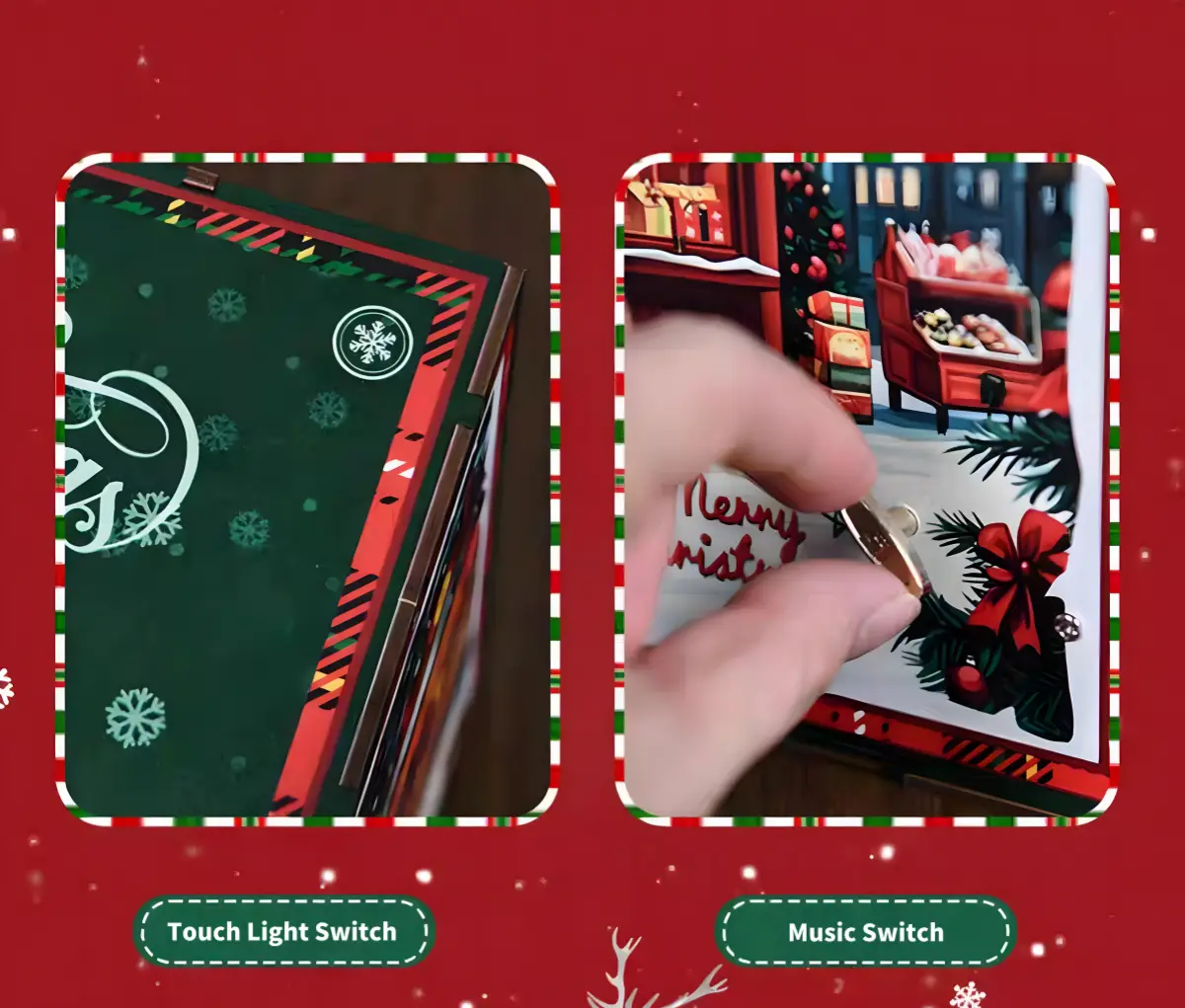 Close-up of the Rofuntime Christmas Shop DIY Book Nook Kit showing a touch light switch on the side and a hand activating a music switch with a small key-like mechanism on the front.