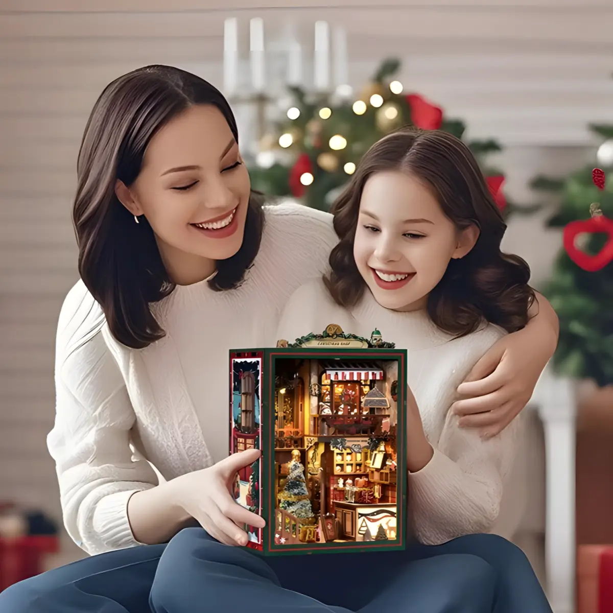 Mother and daughter happily holding a lit Christmas Shop DIY Book Nook Kit, with a blurred Christmas tree in the background.