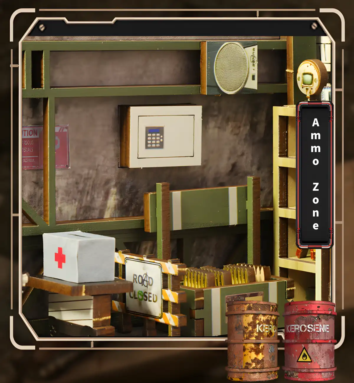 Ammo Zone in Military Base DIY Book Nook Kit, featuring a safe, ammunition, and rusted barrels.