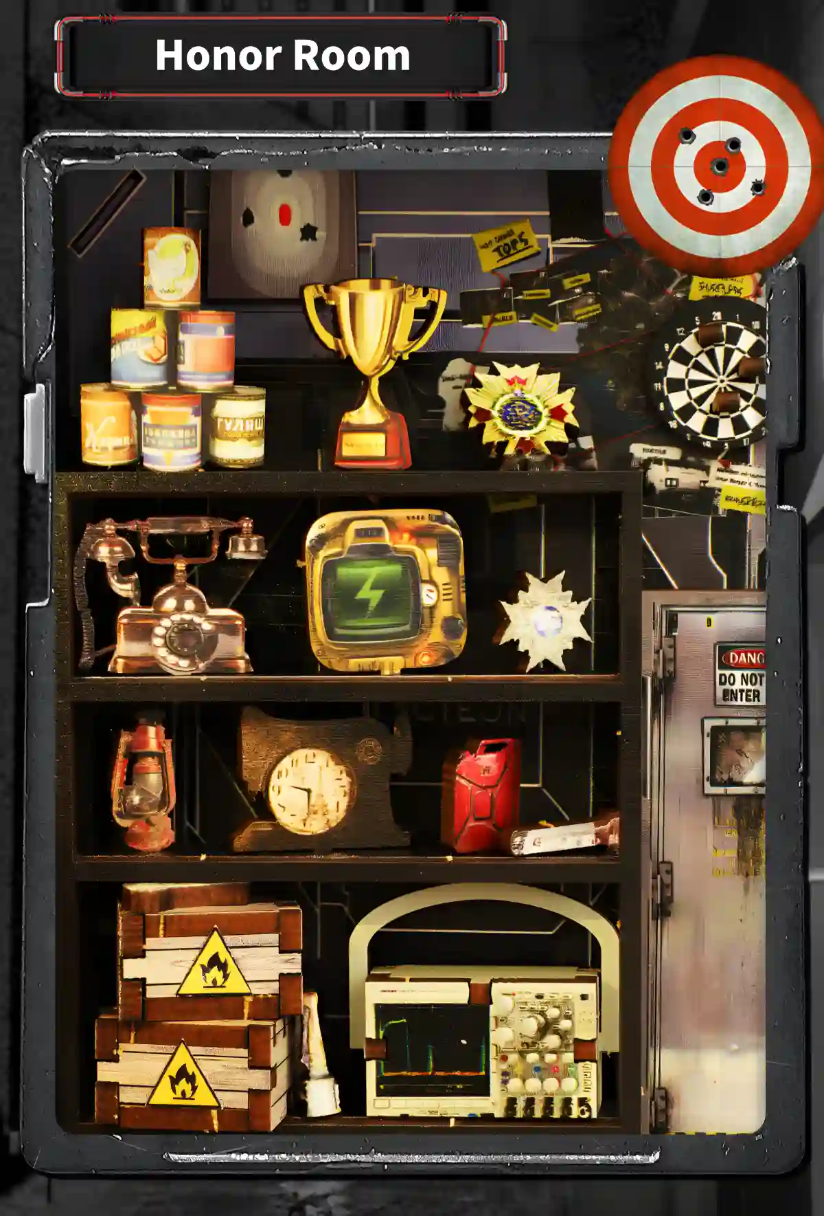 Honor Room section of the Military Base DIY Book Nook Kit, displaying trophies, medals, and a dartboard/target.
