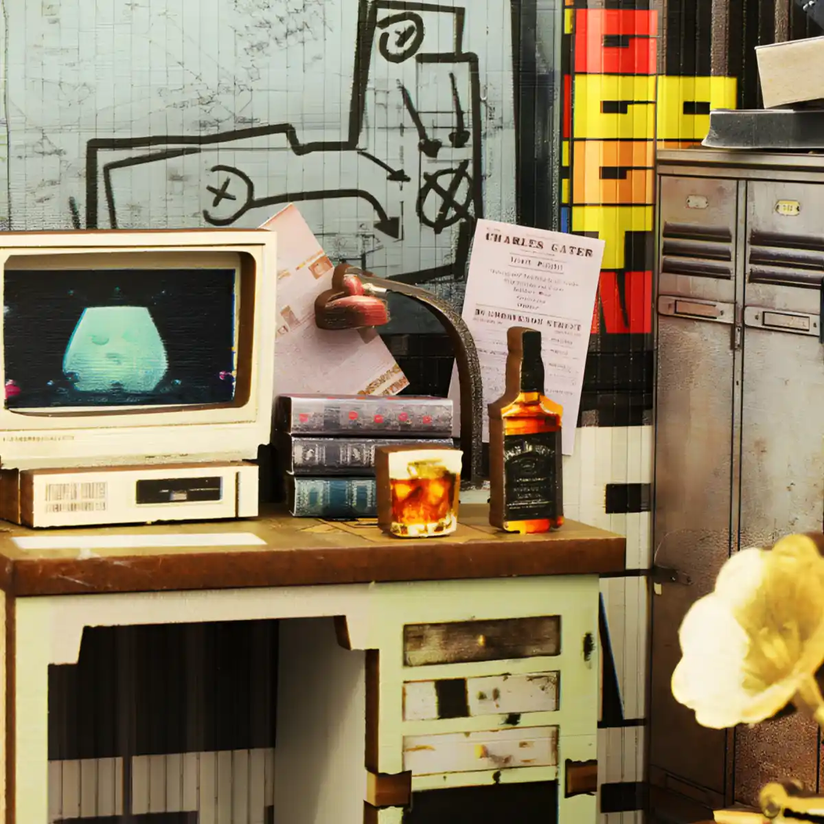 Close-up of the Office Quarters in the Military Base DIY Book Nook Kit, showing a desk with computer, books, and liquor.