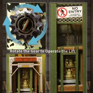 Image showing the rotating gear and functional lift mechanism in the Military Base DIY Book Nook Kit, with a "No Entry" sign.