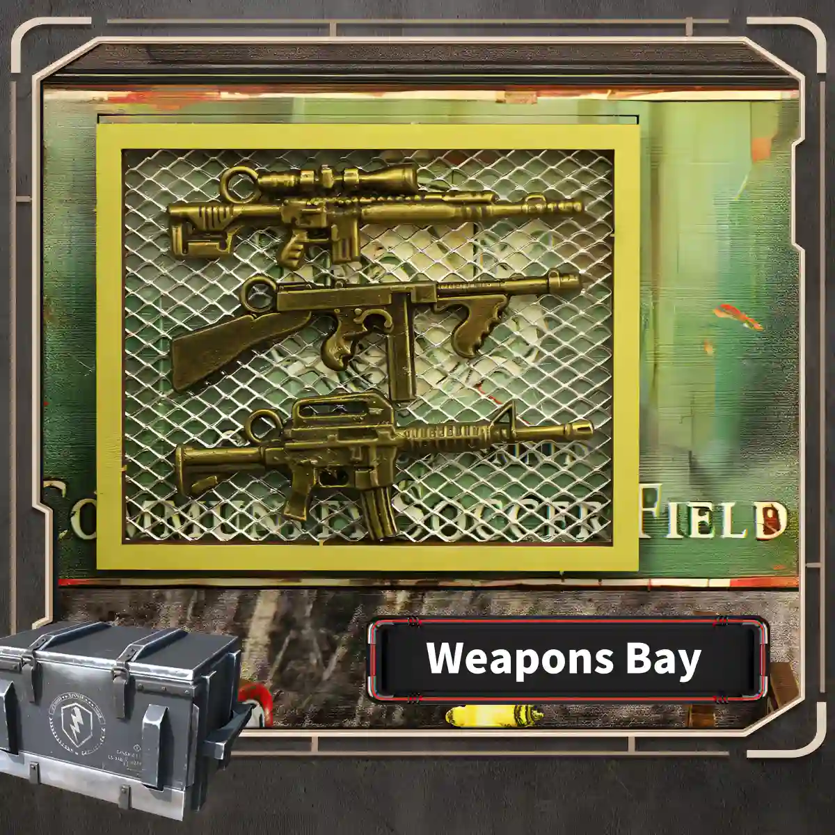 Weapons Bay section of the Military Base DIY Book Nook Kit, showing three miniature rifles and a supply crate.