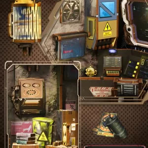 Detailed view of Military Base DIY Book Nook Kit showing high-voltage utility box, warning signs, ammunition warnings, and military gear.