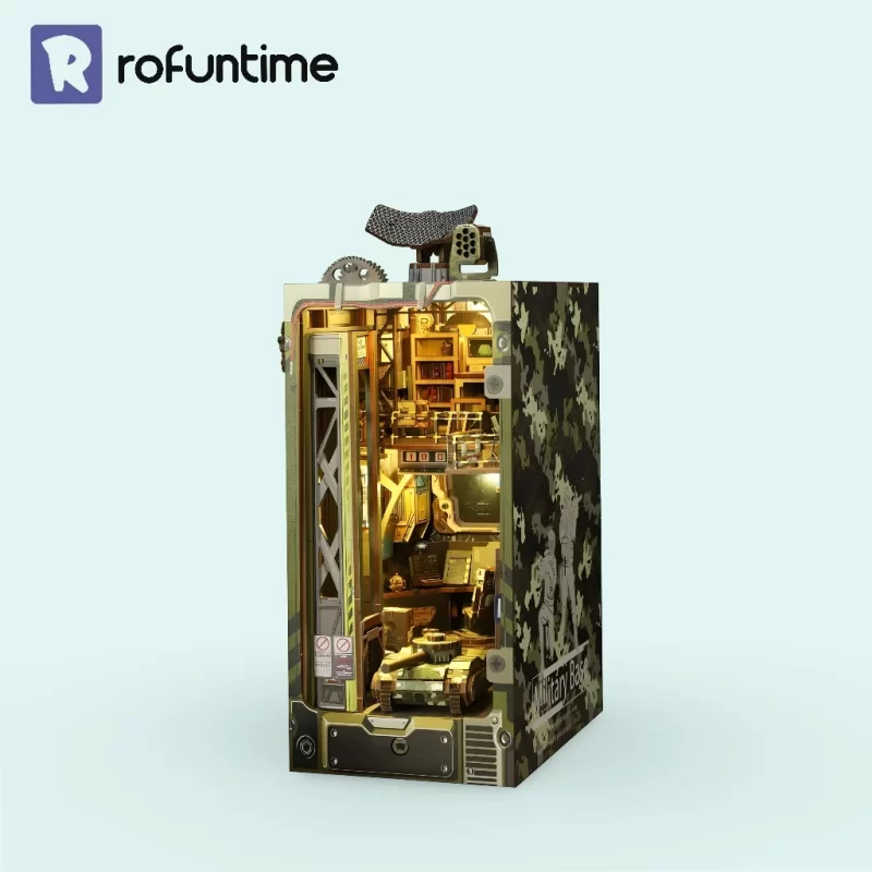 Full view of the Rofuntime Military Base DIY Book Nook Kit with its internal military base design.