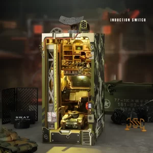 Illuminated Military Base DIY Book Nook Kit with "Induction Switch" callout, showing its camouflage pattern and detailed inner sections.