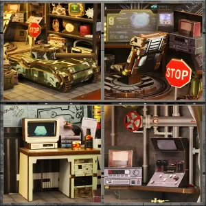 Four-panel detail view of the Military Base DIY Book Nook Kit, including a tank, command console, office desk, and control panel.