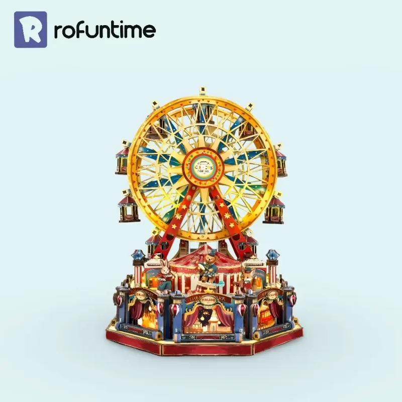 Front view of the Century Ferris Wheel 3D wooden puzzle model on a light blue background, with the Rofuntime logo in the upper left corner.