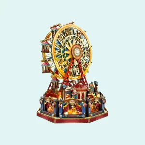 Side view of the Century Ferris Wheel 3D wooden puzzle model against a light blue background, showing its intricate details.