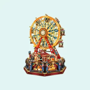 A slightly different side view of the Century Ferris Wheel 3D wooden puzzle model on a plain light blue background.