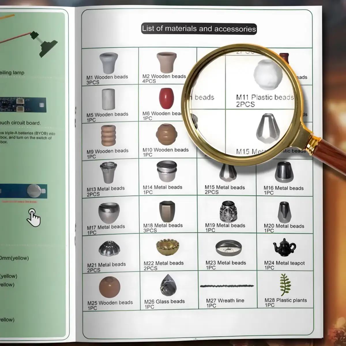 A page from the instruction manual for the Bloomsomary Atelier flower shop book nook model, showing a list of various wooden, metal, and plastic beads, with a magnifying glass focused on a section.