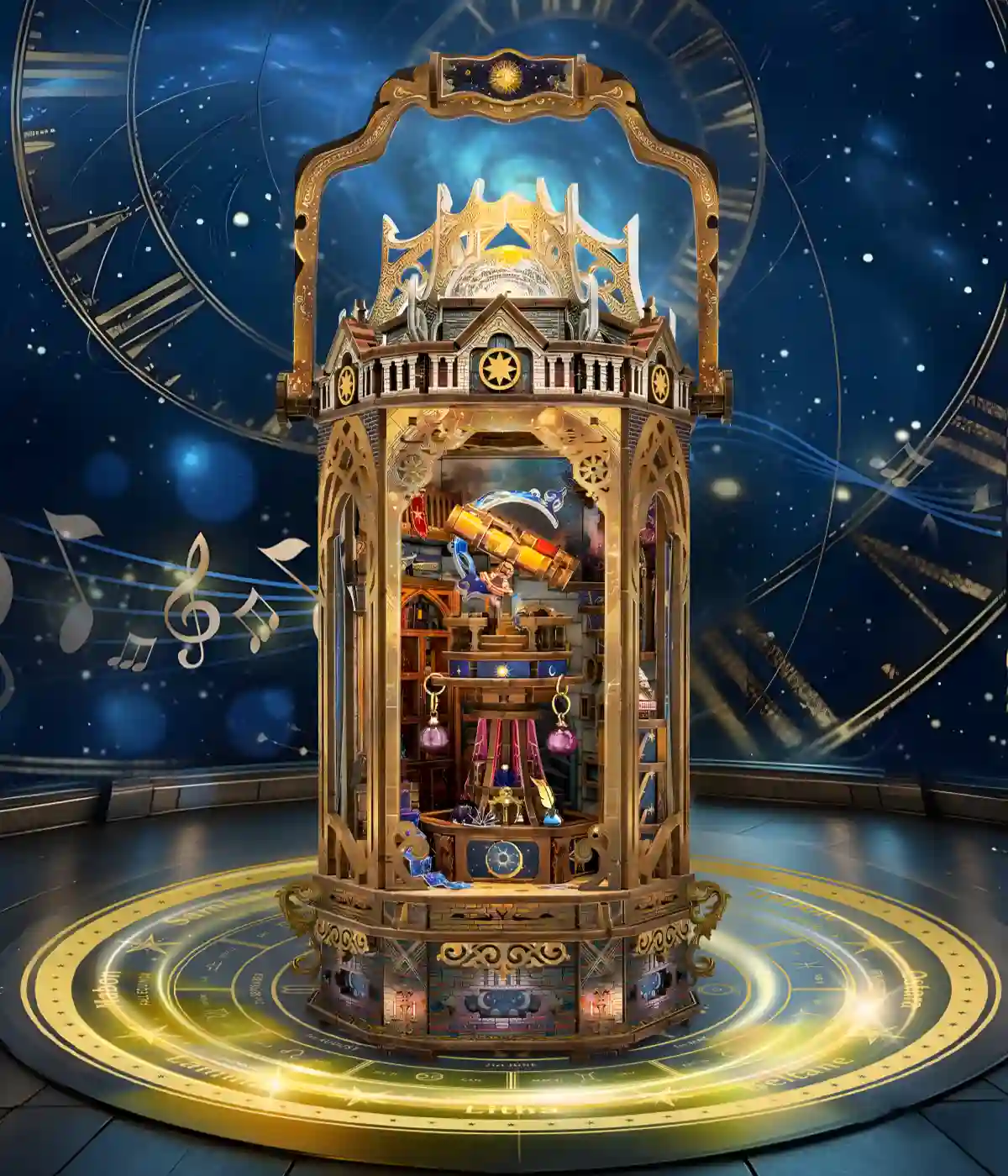 A detailed, illuminated 3D wooden puzzle shaped like an ornate lantern, revealing an inner miniature observatory with a telescope, set against a blue starry background.
