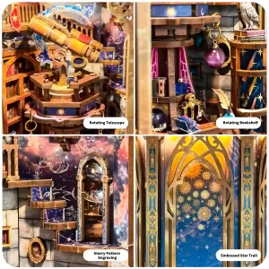 Four close-up sections of The Lantern of Galaxy 3D Wooden Puzzle: a rotating telescope, a rotating bookshelf, starry pattern engraving, and an embossed star trail on an exterior panel.