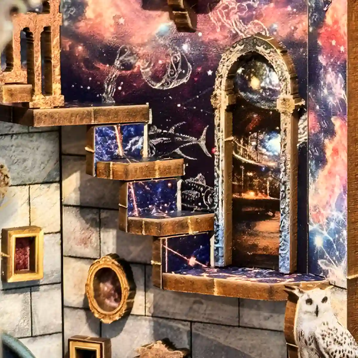 Detailed interior of The Lantern of Galaxy 3D Wooden Puzzle showing a staircase, arched doorway, and walls with cosmic patterns and constellations, with an owl figure at the bottom right.