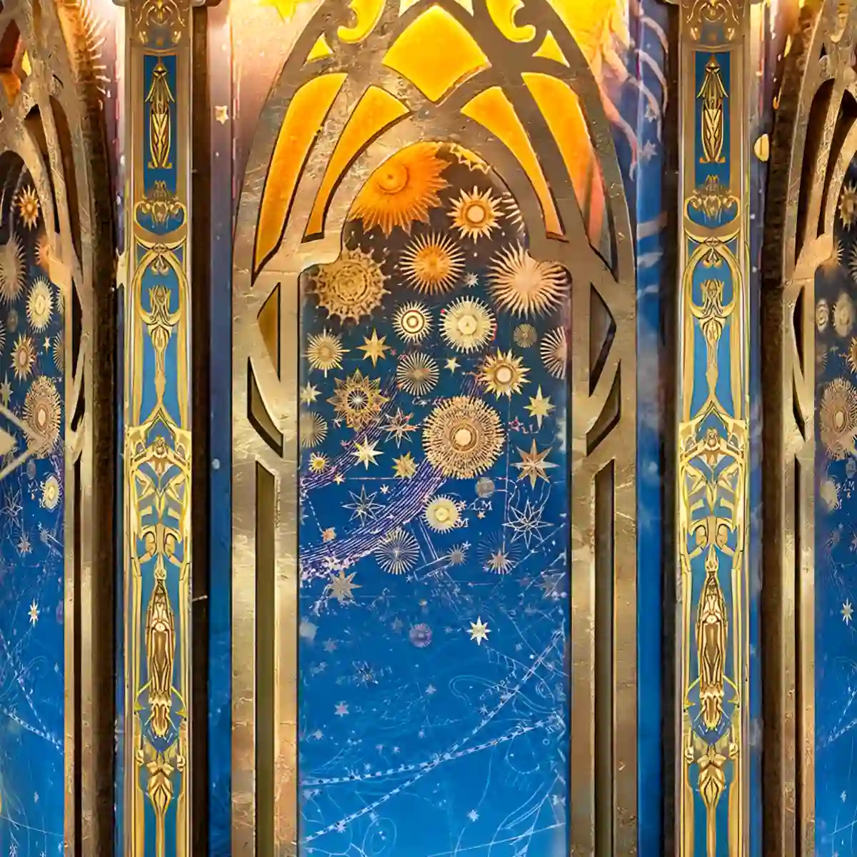 Close-up of blue and gold panels on The Lantern of Galaxy 3D Wooden Puzzle featuring intricate carvings of stars and sunbursts.