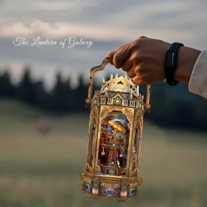 A hand holding The Lantern of Galaxy 3D Wooden Puzzle against a blurred natural landscape backdrop.