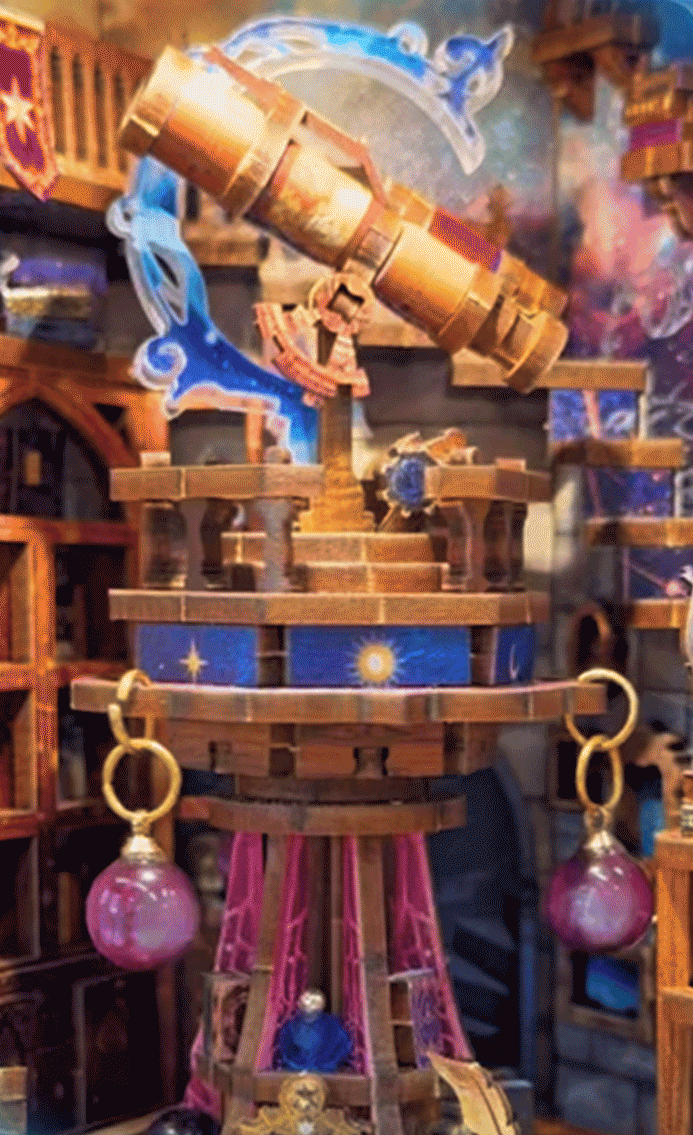 A GIF showing a miniature golden telescope inside The Lantern of Galaxy 3D Wooden Puzzle rotating on its base.