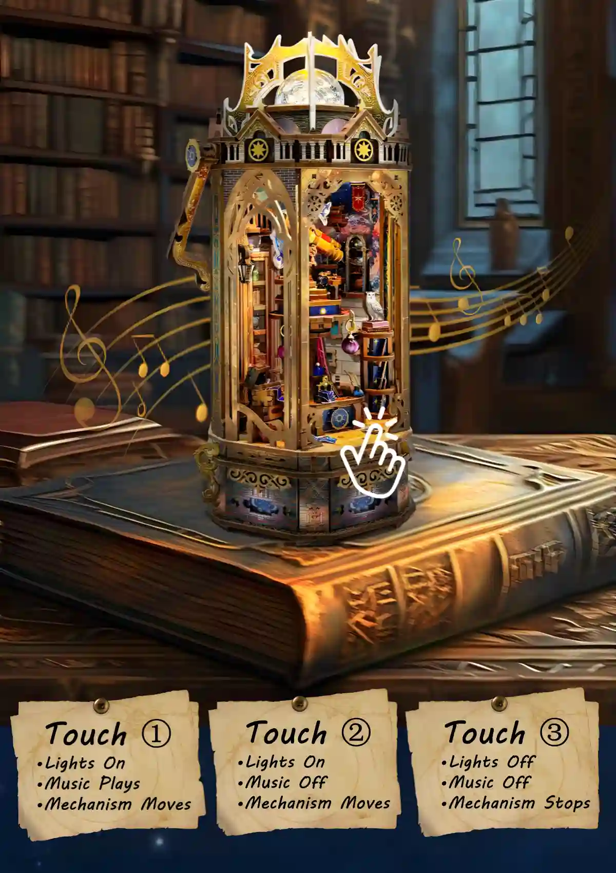 The Lantern of Galaxy 3D Wooden Puzzle on a large book, with a hand icon pointing to a touch control area and three notes explaining touch functions for lights, music, and movement.