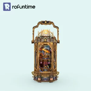 The assembled The Lantern of Galaxy 3D Wooden Puzzle, illuminated, against a plain light blue background with the Rofuntime logo.