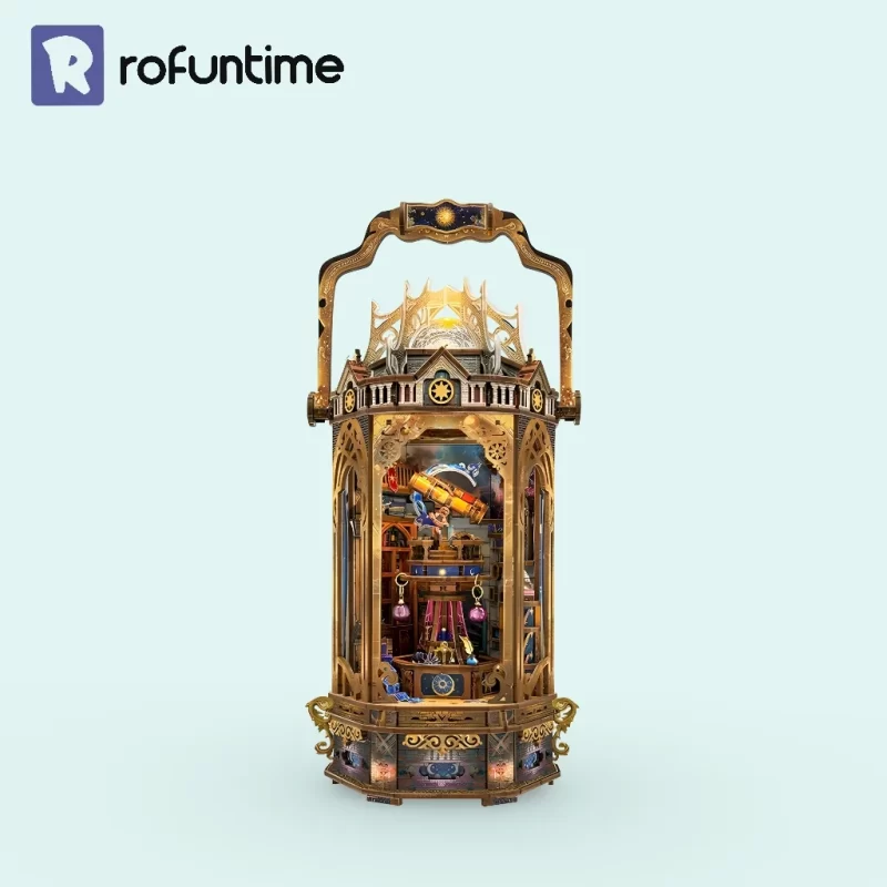 The assembled The Lantern of Galaxy 3D Wooden Puzzle, illuminated, against a plain light blue background with the Rofuntime logo.