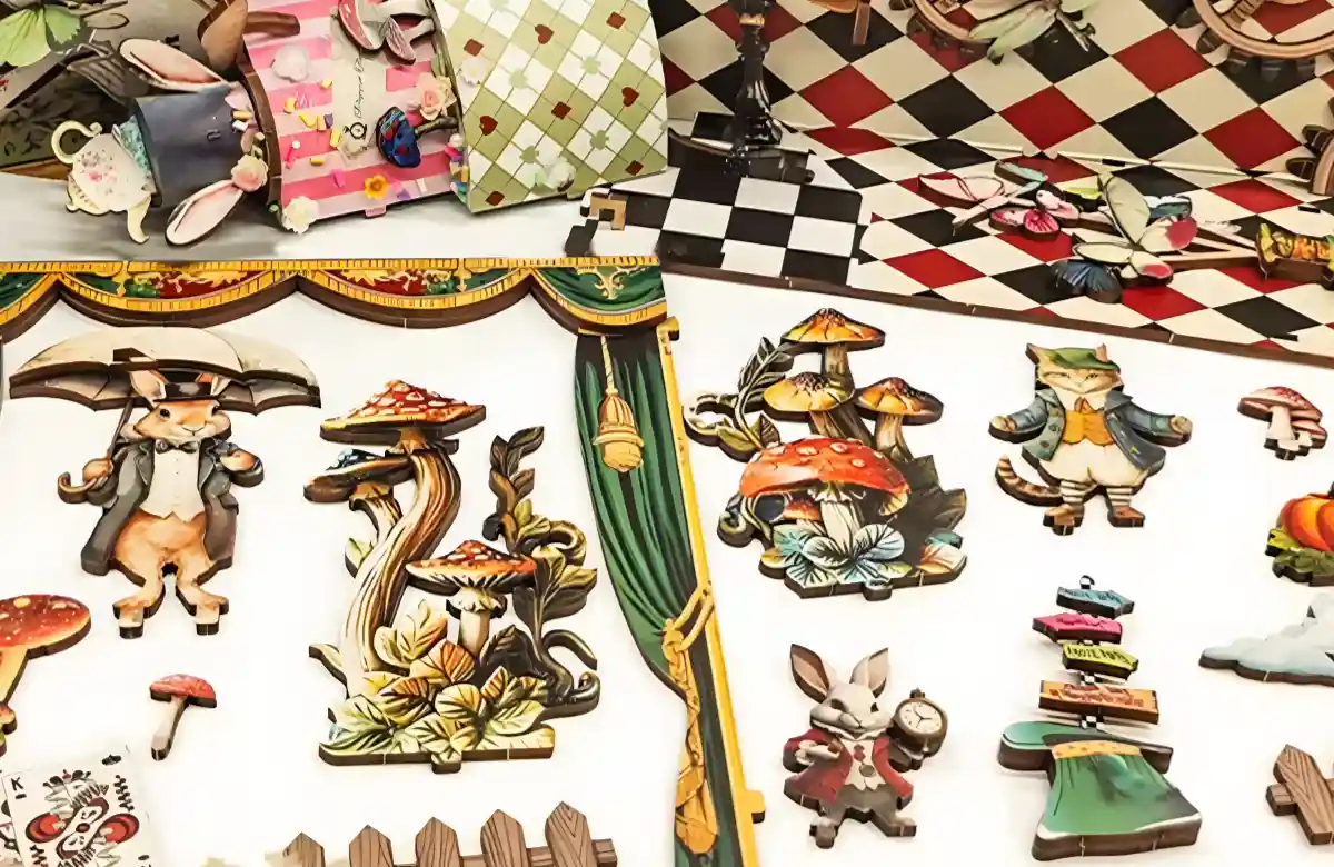 Detailed view of flat, colorful wooden pieces for a book nook kit, showing a rabbit in a suit, various mushrooms, and playing card designs.