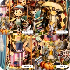 Four close-up views from the Puppet Theater Book Nook Kit: a controllable puppet, a dapper rabbit with an umbrella, a mushroom cake, and a puppet cat.