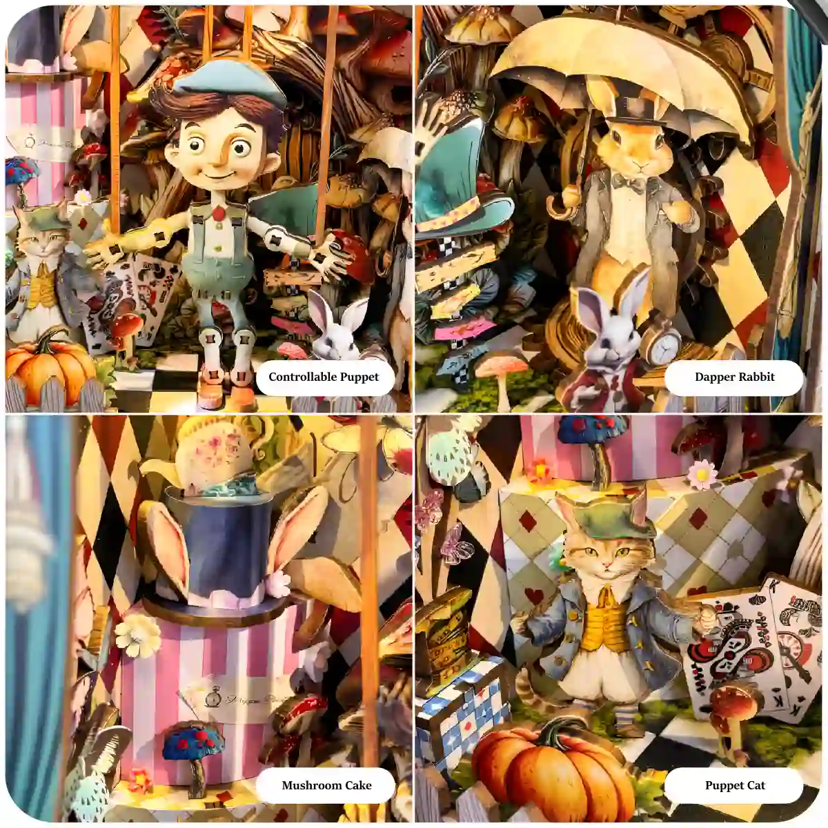 Four close-up views from the Puppet Theater Book Nook Kit: a controllable puppet, a dapper rabbit with an umbrella, a mushroom cake, and a puppet cat.