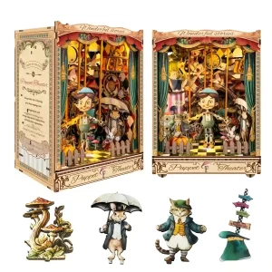 Two views of the assembled Puppet Theater Book Nook Kit, with separate images of a mushroom, a rabbit with an umbrella, a cat, and a signpost.