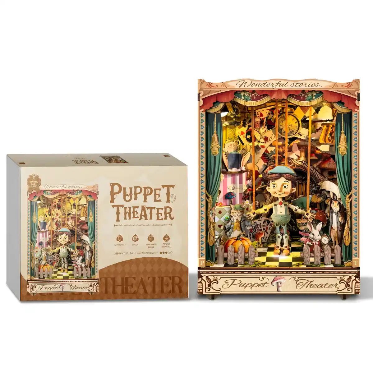 The assembled Puppet Theater Book Nook Kit next to its brown and white gift box with product branding.