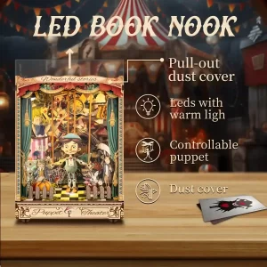 Diagram of the LED Book Nook showing features like pull-out dust cover, warm LED lights, and controllable puppet, set against a carnival background.