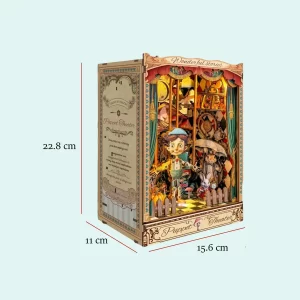 The Puppet Theater Book Nook Kit shown with its dimensions: 22.8 cm height, 15.6 cm width, and 11 cm depth.