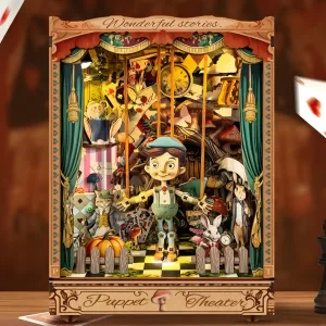 The fully assembled Puppet Theater Book Nook Kit, showcasing a detailed miniature world with a central puppet and various characters.