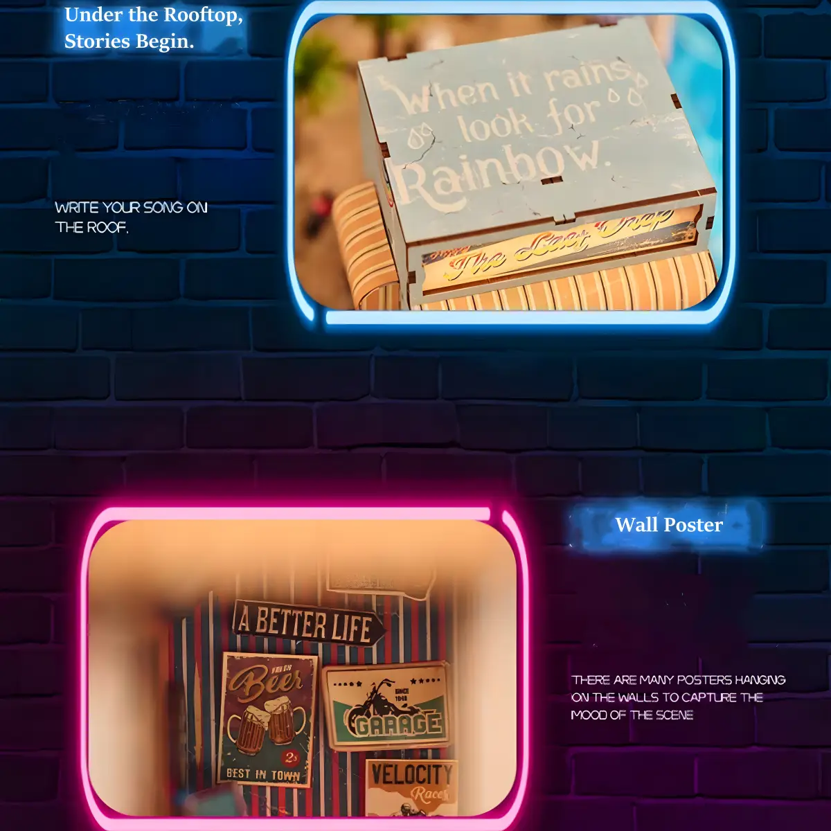 Two framed close-ups: one showing the roof with "When it rains look for Rainbow," and the other showing miniature wall posters inside the bar.