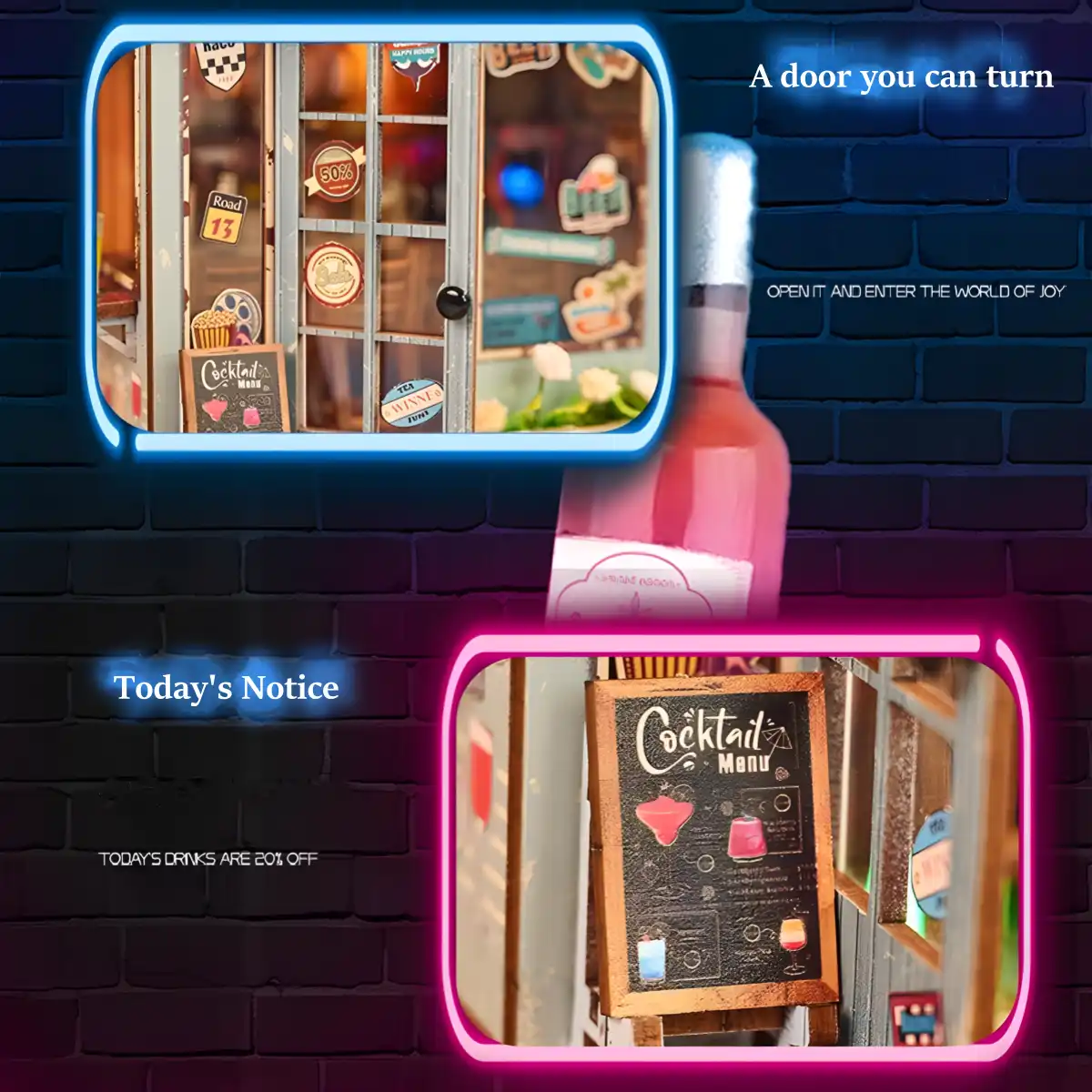 Framed shots showing a miniature turnable door and a "Cocktail Menu" blackboard, next to a pink wine bottle.