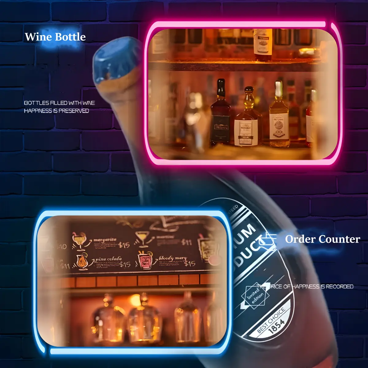 A close-up shot of miniature wine bottles and an order counter with a cocktail menu, beside a full-sized wine bottle.