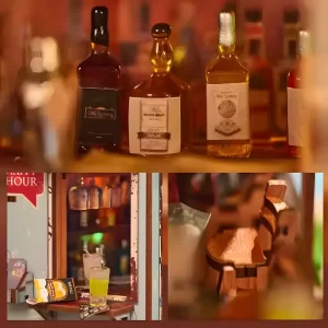 A triptych image: top shows three miniature liquor bottles, bottom-left shows an outdoor bar counter with a yellow drink, and bottom-right shows a wooden chair.