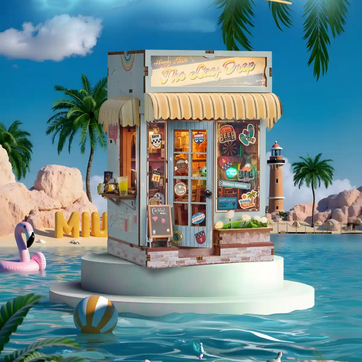 A miniature beach bar book nook kit on a white circular base floating on water, with an island and lighthouse in the background.