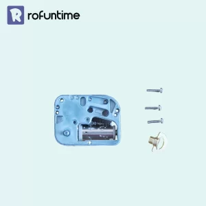 A mini music box mechanism, three screws, and a gold winding key are arranged on a pale blue background. The "rofUuntime" logo is in the top left.