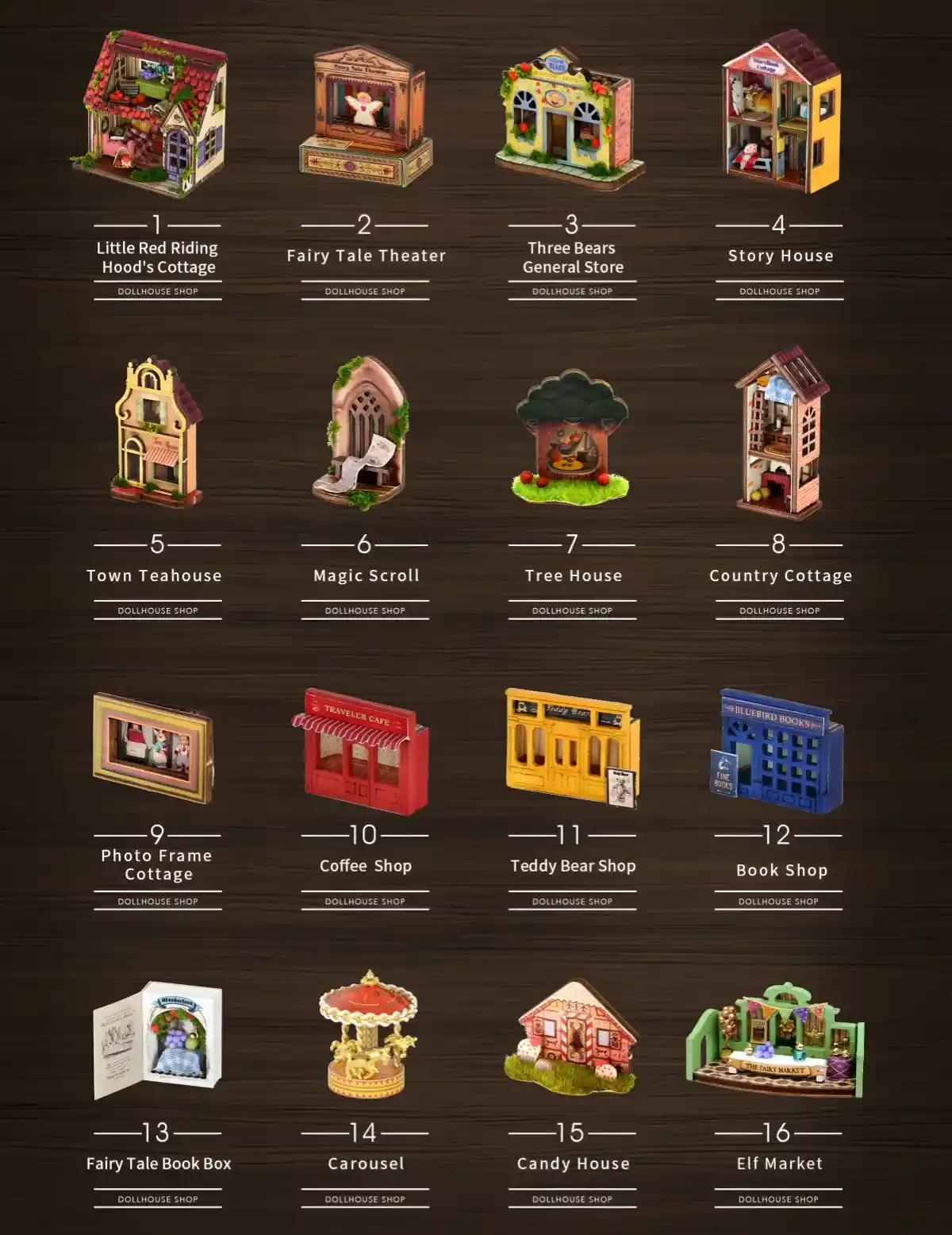 A grid of 16 small, detailed miniature dollhouses and scenes, each numbered and labeled with a name like "Little Red Riding Hood's Cottage" and "Carousel."