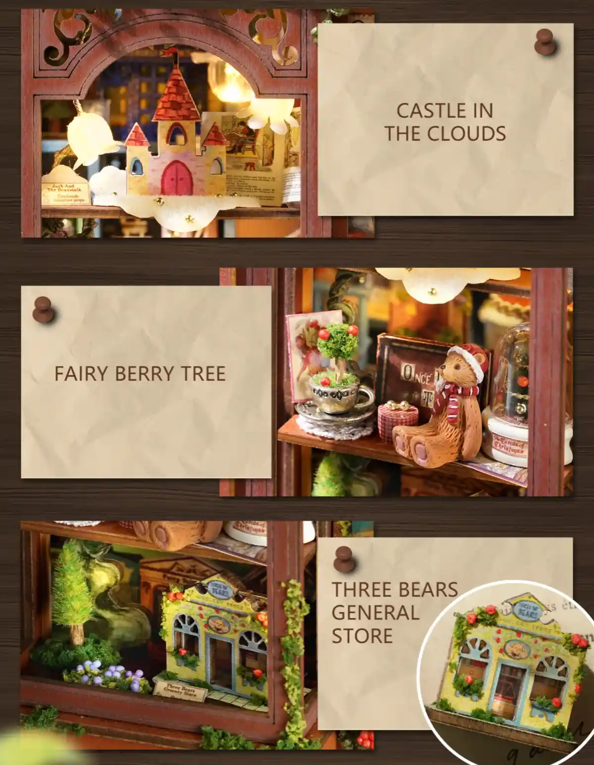 Three close-up panels showing different miniature scenes from the dollhouse kit: a glowing "Castle in the Clouds," a "Fairy Berry Tree," and the "Three Bears General Store."