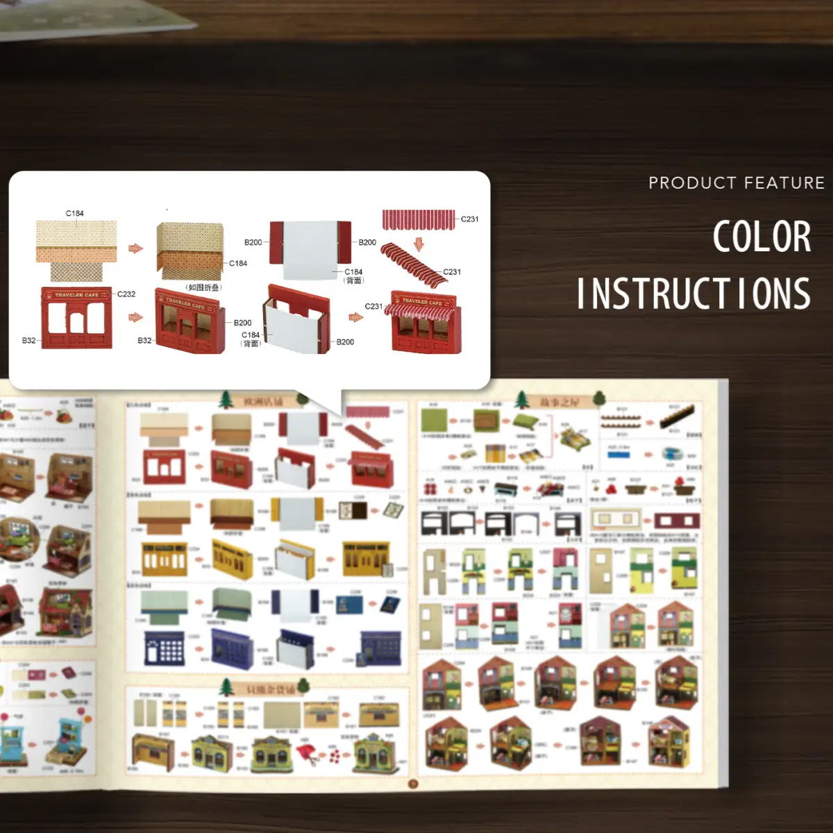 A collage of two images: a small diagram showing the assembly process for a miniature storefront and a larger diagram with multiple pages of detailed, numbered instructions for the kit.