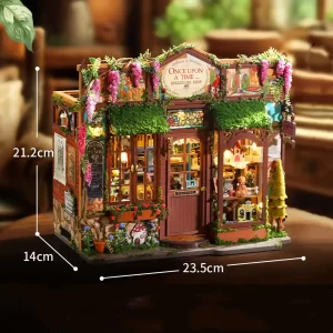 An angled view of the finished dollhouse, with arrows and numbers indicating its dimensions: 23.5cm wide, 14cm deep, and 21.2cm high.