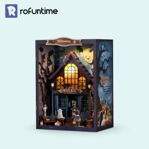 The fully assembled "Halloween Castle Wonderful Night" book nook kit, featuring a spooky witch's house with a glowing interior and a full moon.