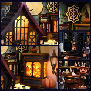 A detailed photo grid highlighting the intricate features and spooky characters of the "Halloween Castle Wonderful Night" book nook kit.