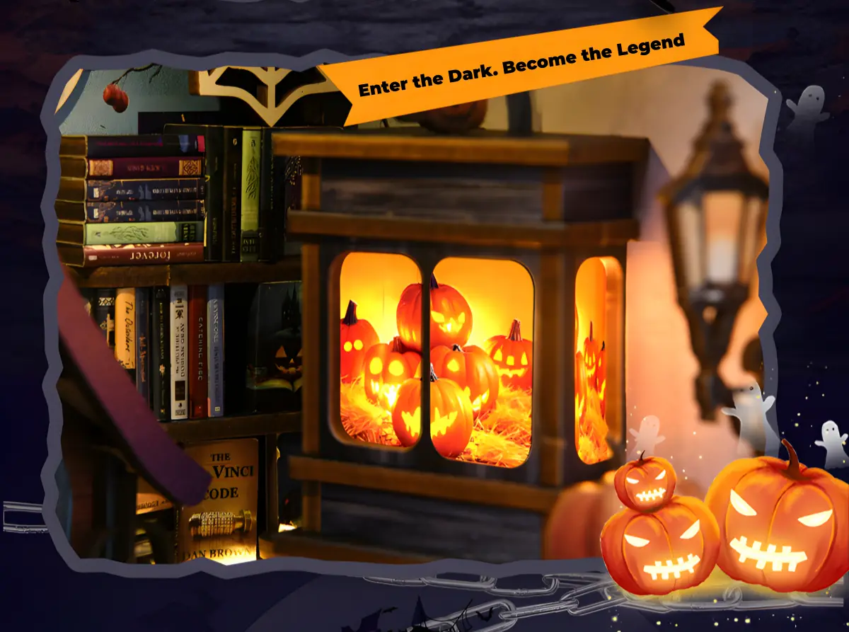 Interior detail of the Halloween book nook showing a glowing fireplace filled with small, lit-up pumpkin figures.