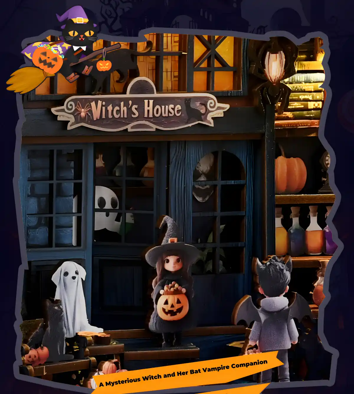 Close-up of the miniature figures in the book nook, showing a witch holding a pumpkin, a bat-winged figure, and a ghost.